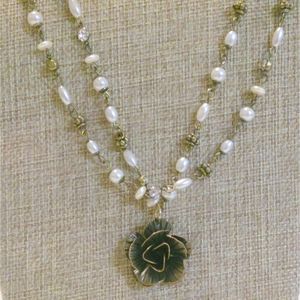 Brass Tone Faux Pearl Multi Strand Rose Pendant Necklace *